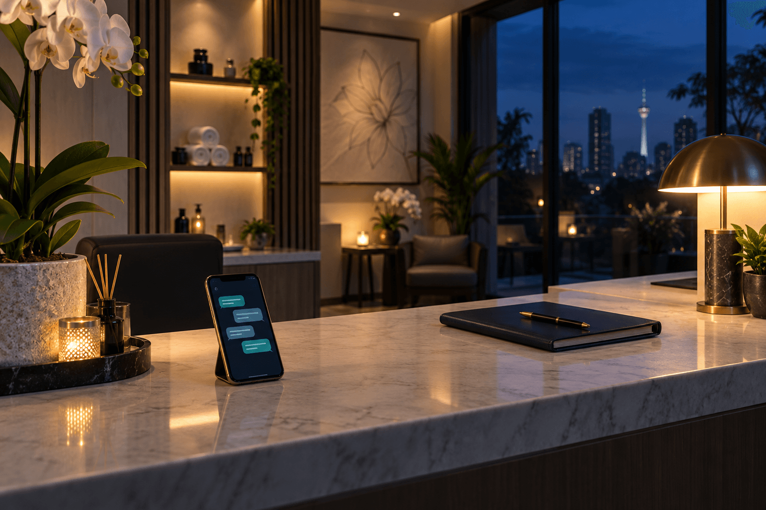 Illustrative nighttime reception desk with a phone showing abstract customer messages beside an appointment notebook