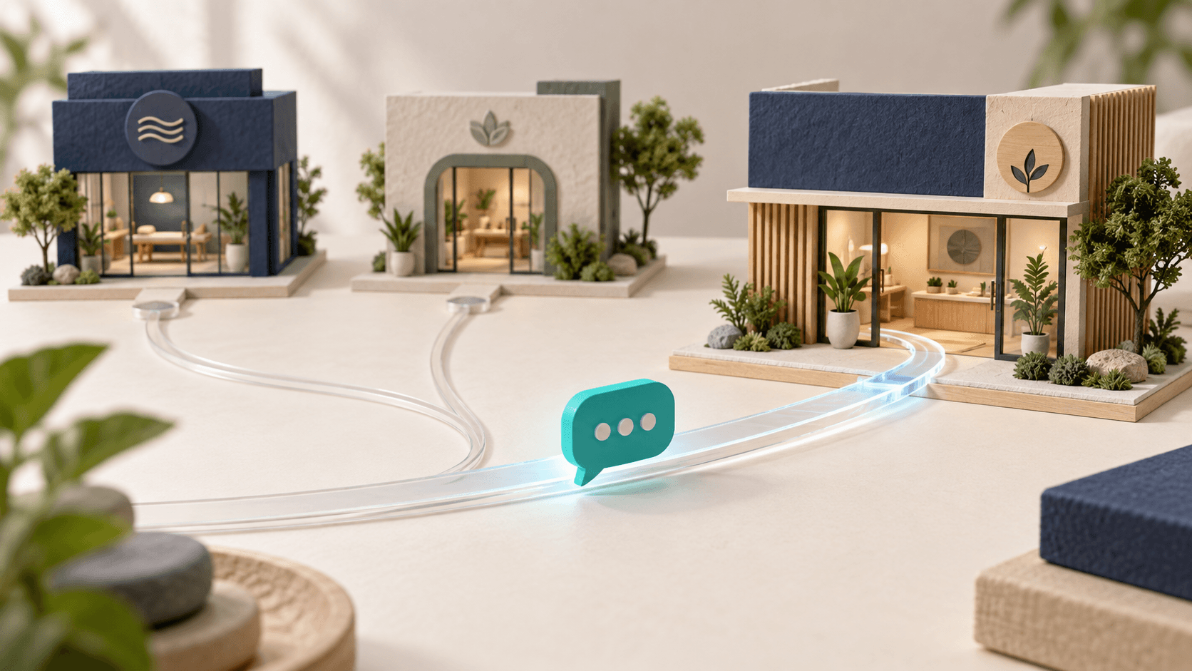 Conceptual miniature illustration of a customer message being directed to one of three wellness branches