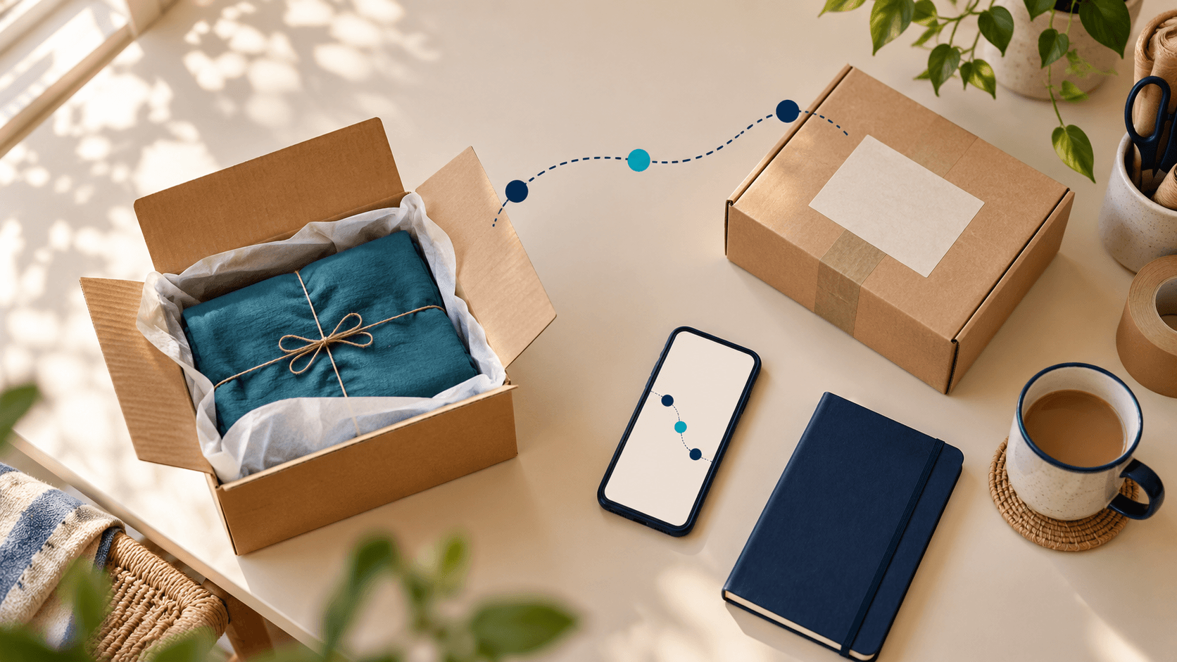 AI-generated editorial image of two parcels on an online retailer’s packing bench with a phone and an abstract dotted tracking route