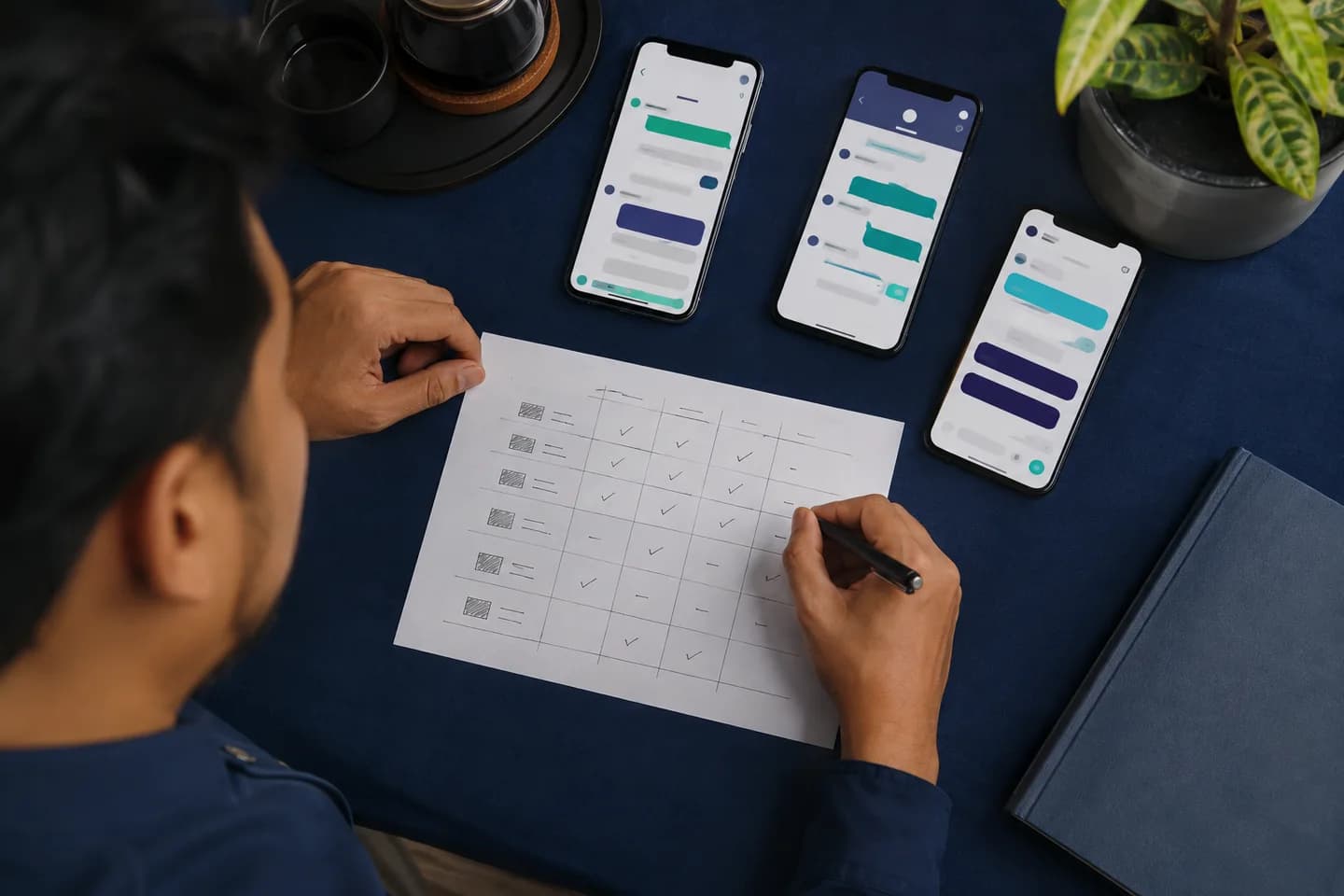 Illustrative image of a person reviewing a follow-up checklist beside three messaging screens
