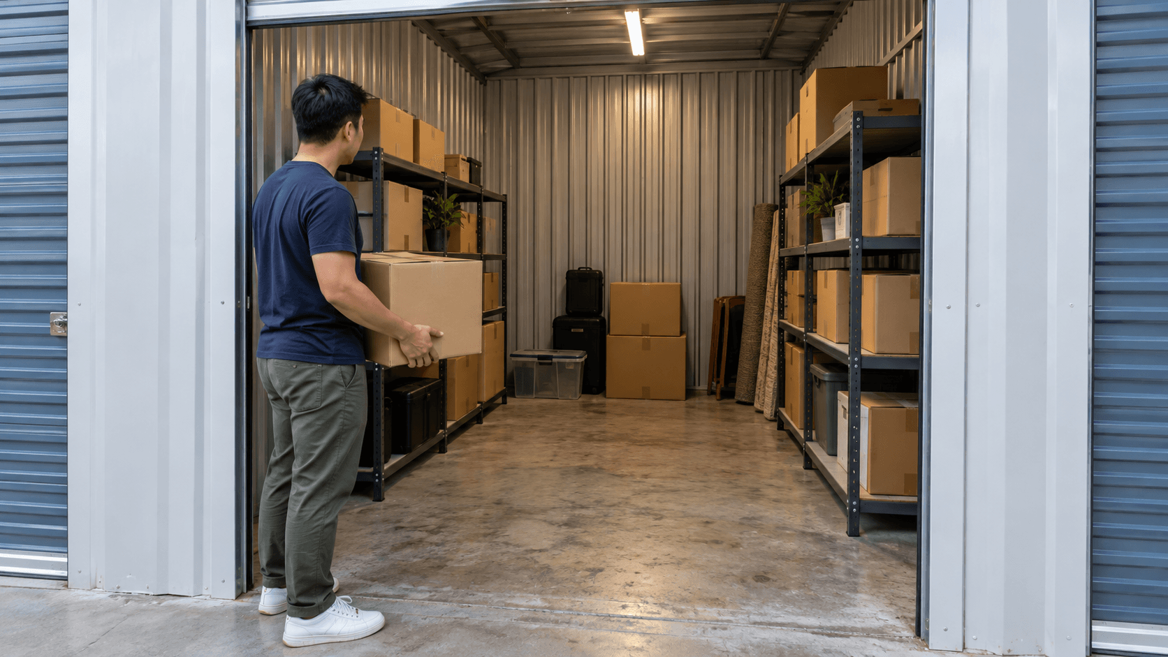 AI-generated editorial photograph of a customer holding a carton at a self-storage unit entrance, with shelving and a clear central aisle