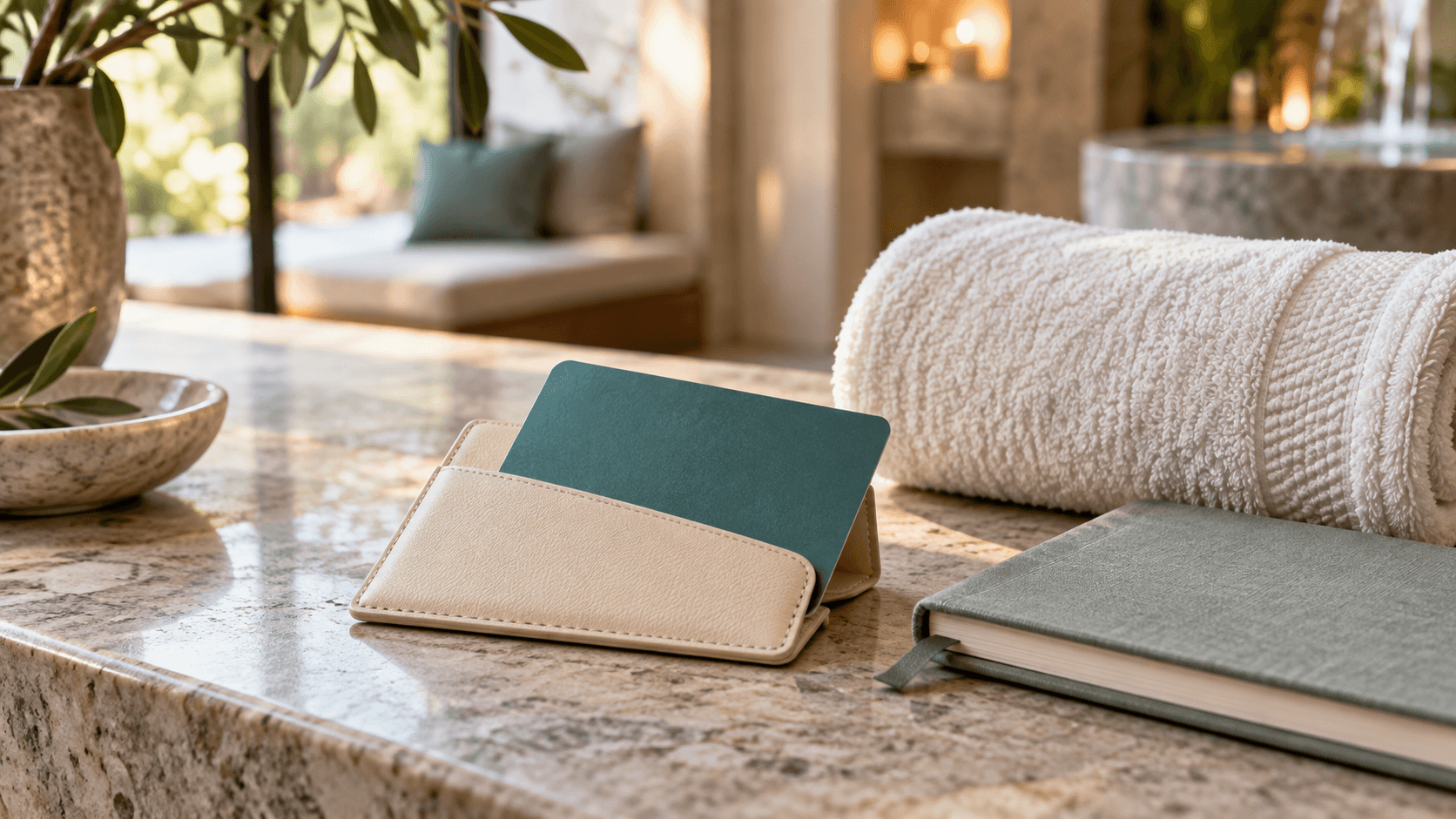 AI-generated editorial photograph of an unbranded membership card, spa towel and closed appointment notebook on a stone counter