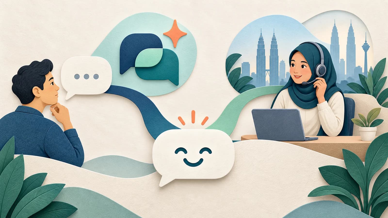 Paper-cut illustration of a customer enquiry connecting automated chat bubbles with a human support adviser