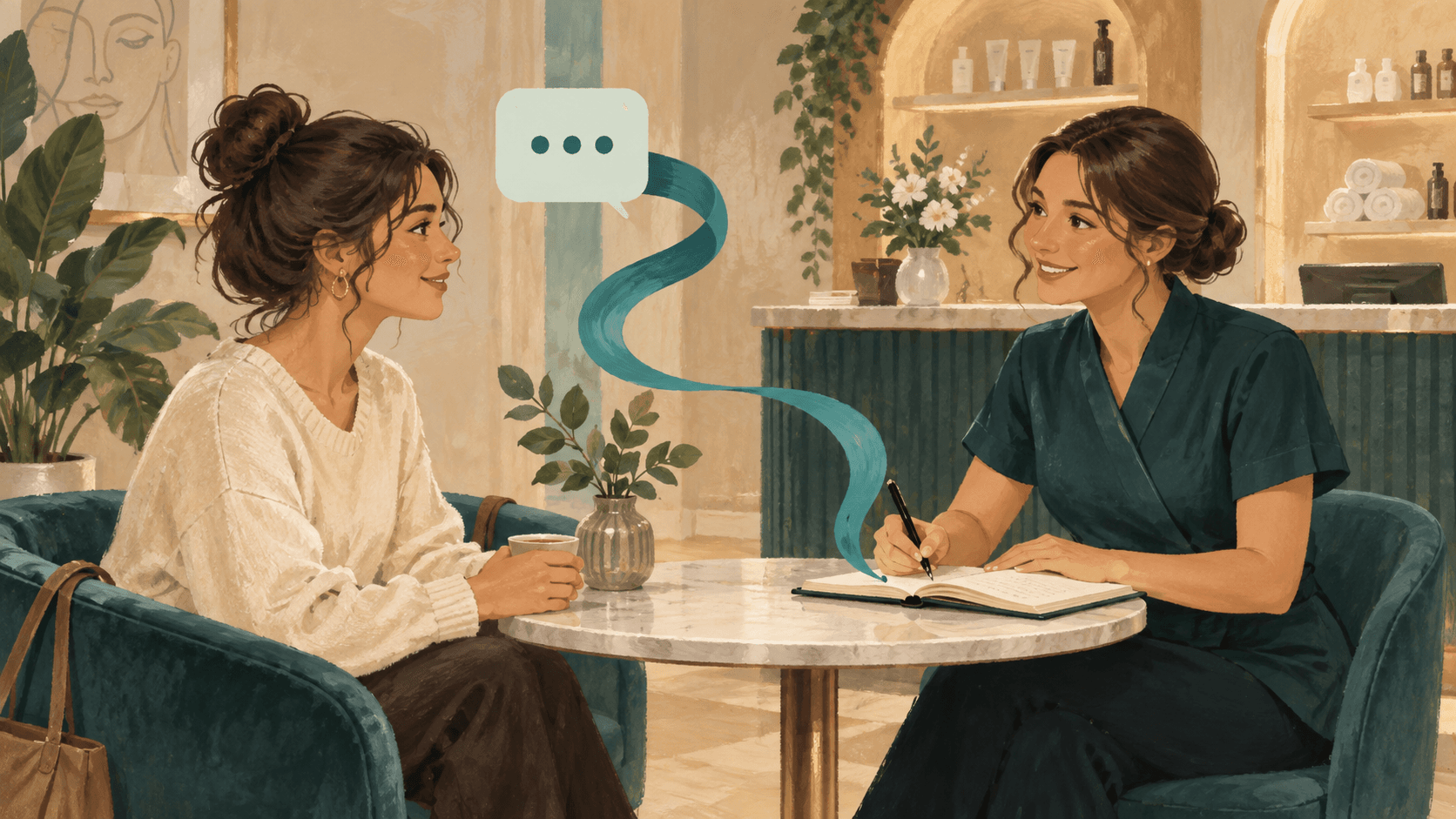 AI-generated gouache illustration of a customer and beauty-centre receptionist, with a teal ribbon connecting a chat bubble to a notebook