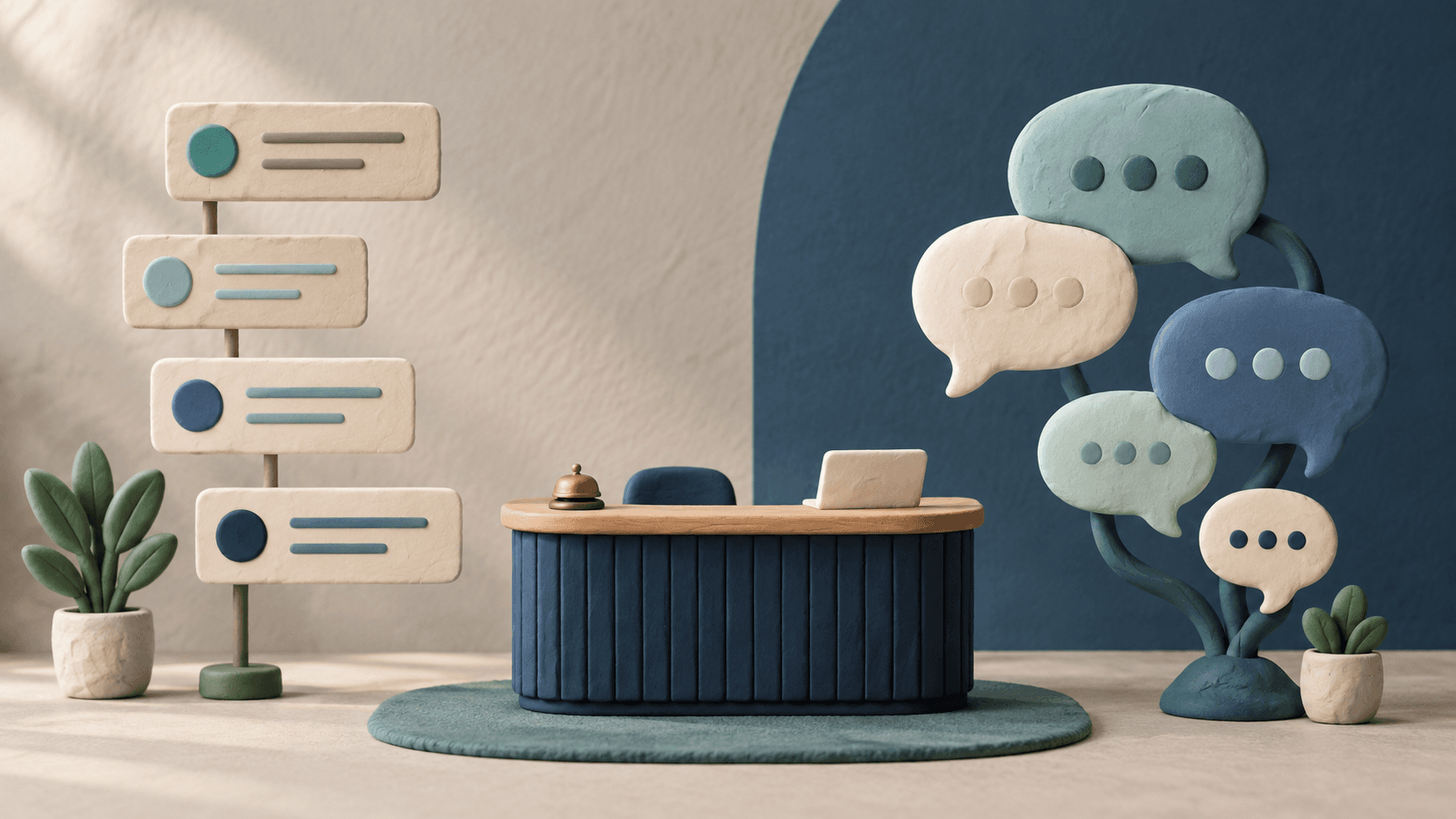 AI-generated clay illustration of structured message tiles and free-form speech bubbles beside a service reception counter