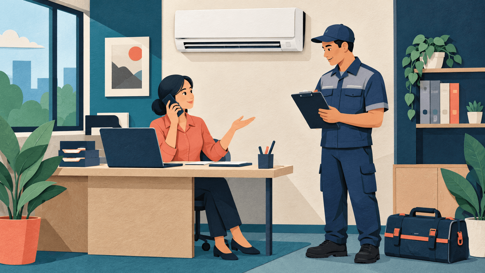 AI-generated cut-paper illustration of an aircond service coordinator discussing an enquiry with a technician beneath a wall-mounted unit