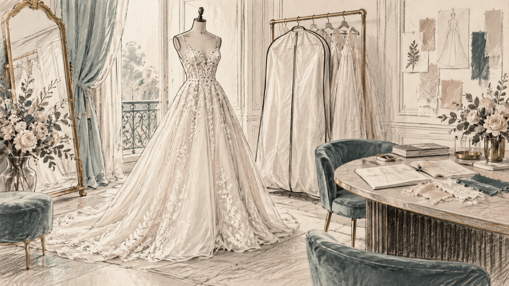 AI-generated pastel and charcoal illustration of a bridal gown on a mannequin beside fabric swatches and a garment bag