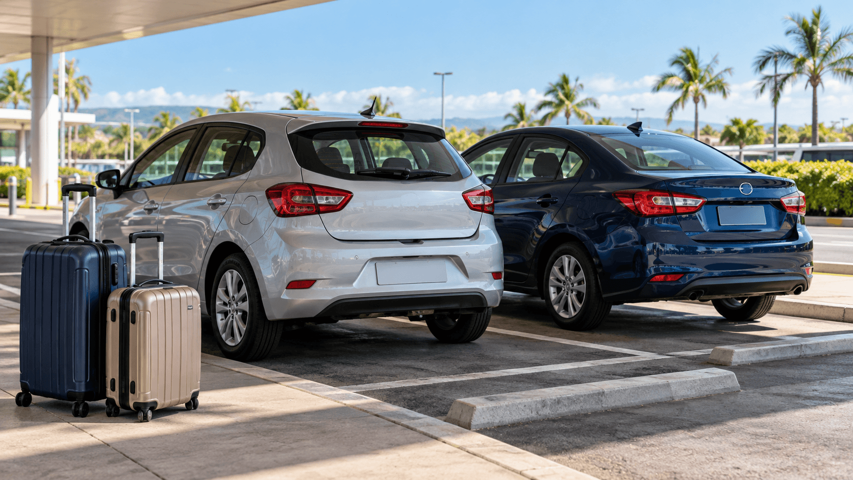 AI-generated editorial photograph of two different unbranded cars and travel suitcases in a rental pickup bay
