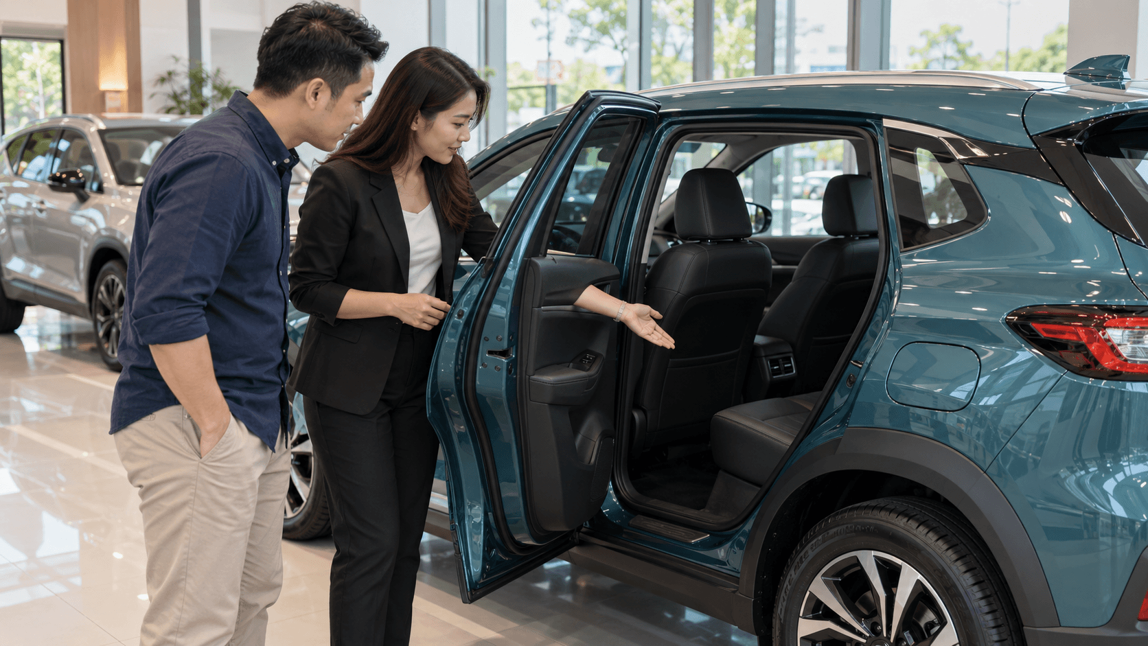 AI-generated photograph of a sales adviser showing a customer the rear seat space of an unbranded car in a showroom