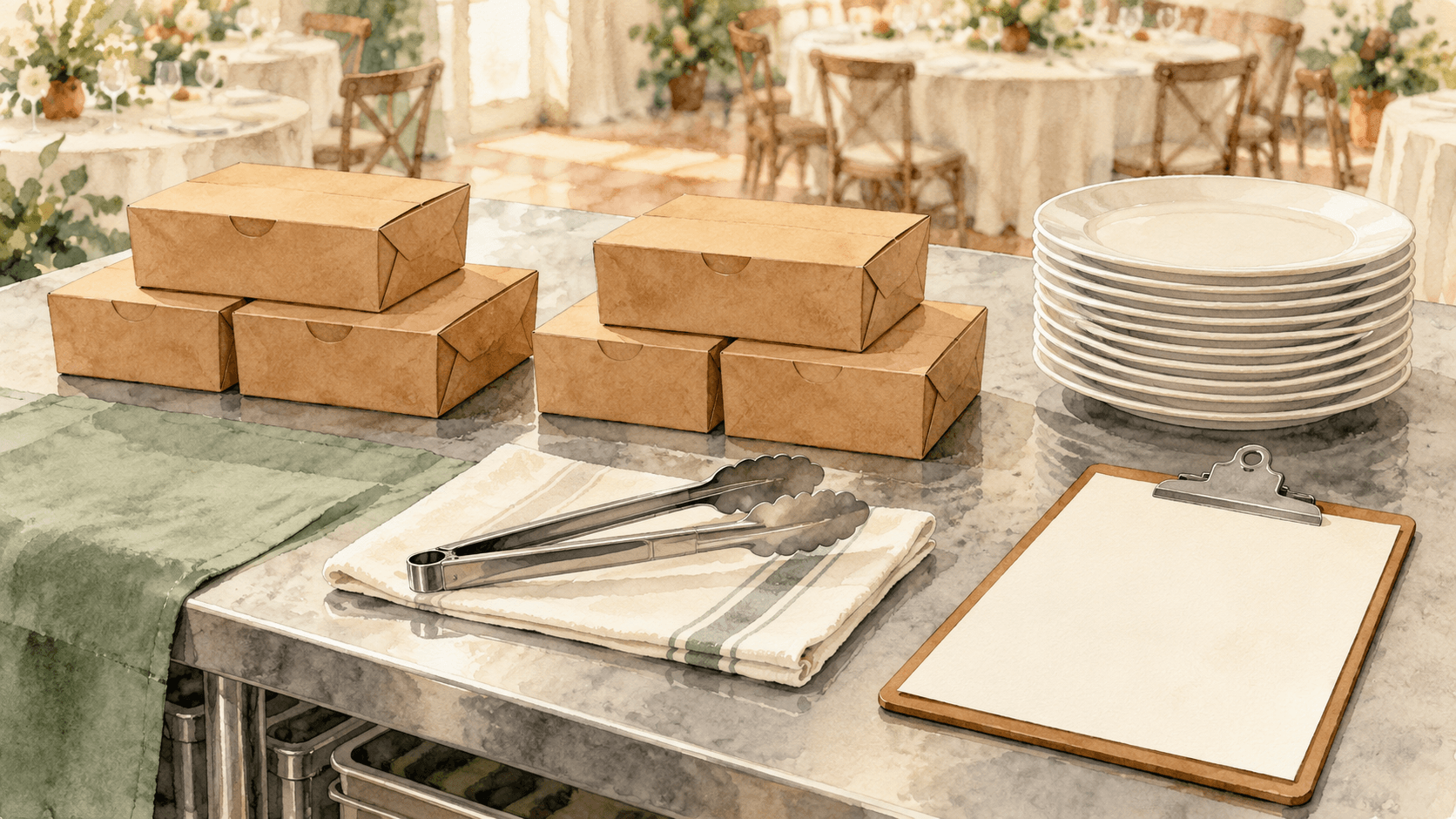 AI-generated ink-and-watercolour illustration of closed lunch boxes, serving plates, tongs and a blank clipboard on a catering packing table