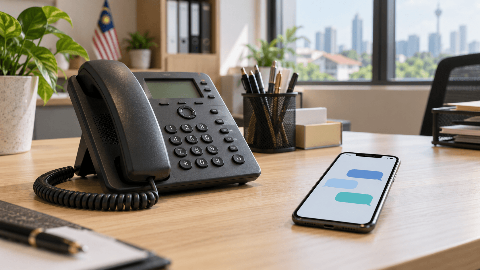 AI-generated editorial image of a desk telephone beside a smartphone displaying blank chat bubbles in a Malaysian office