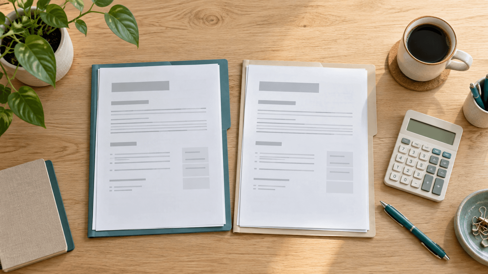 AI-generated overhead photograph of two unbranded quotation folders and a calculator on a wooden desk