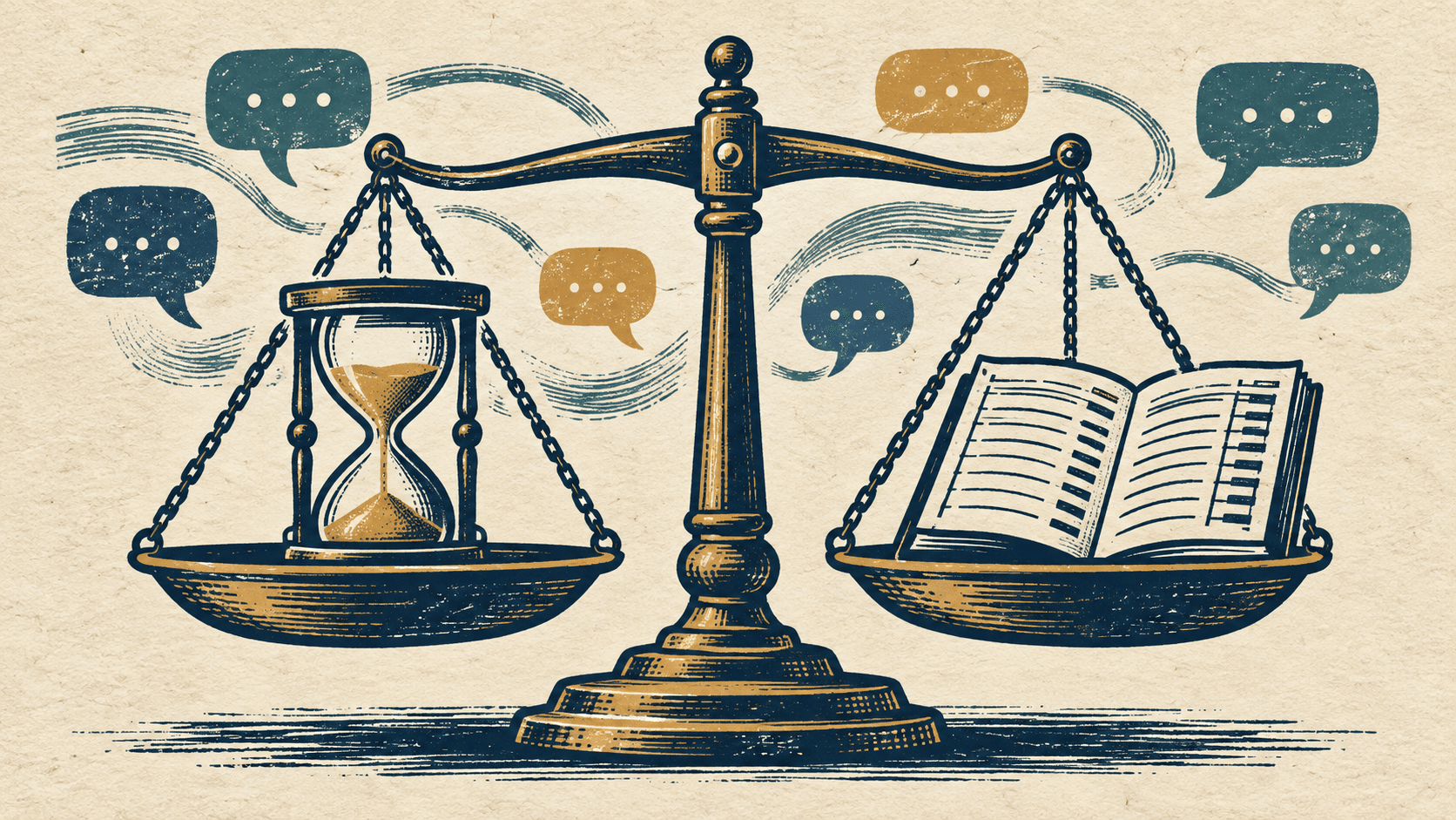 AI-generated linocut illustration of a weighing scale holding an hourglass and business ledger, surrounded by conversation bubbles