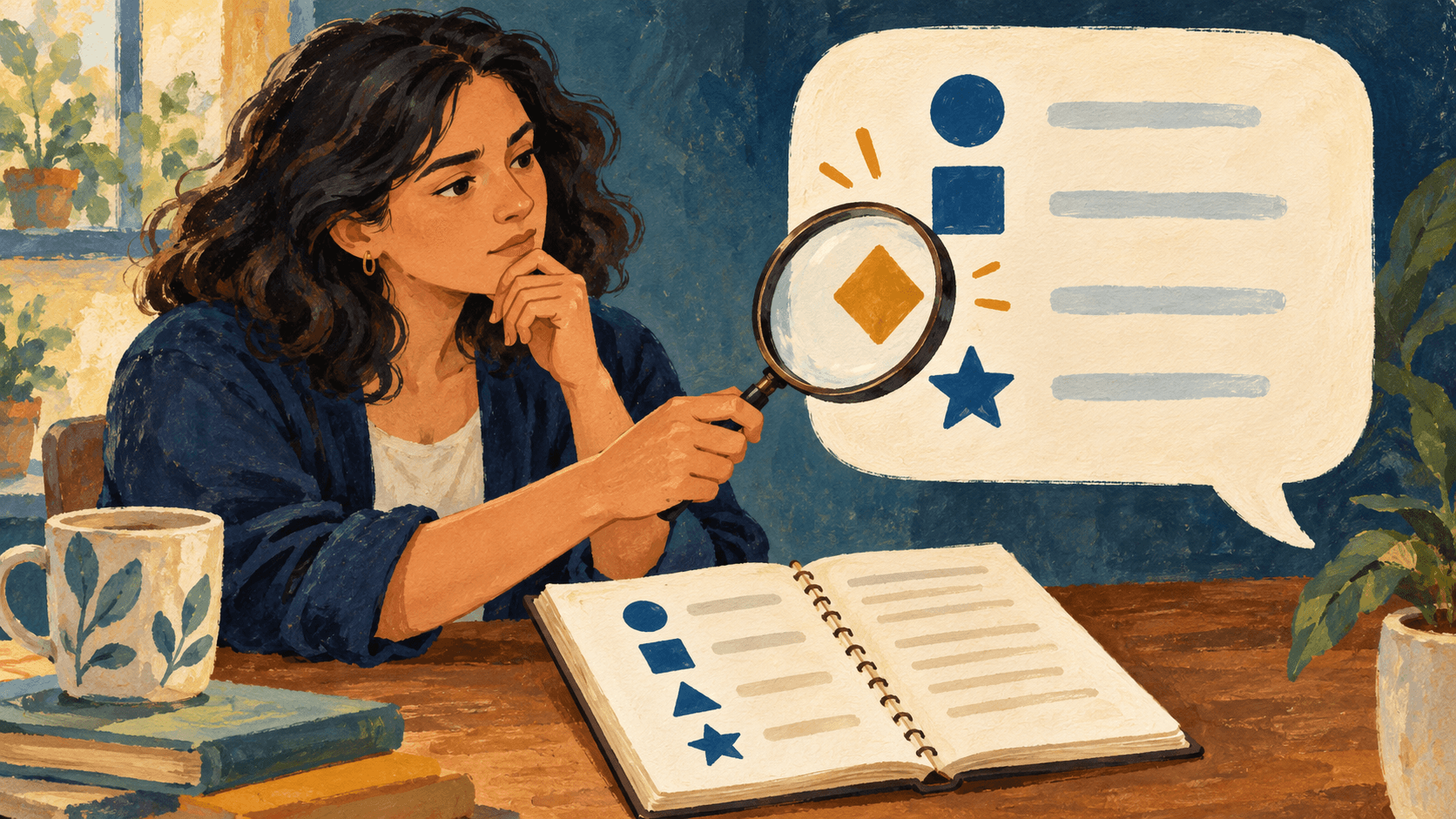 AI-generated gouache illustration of a business owner checking an abstract chat answer against a reference notebook with a magnifying glass