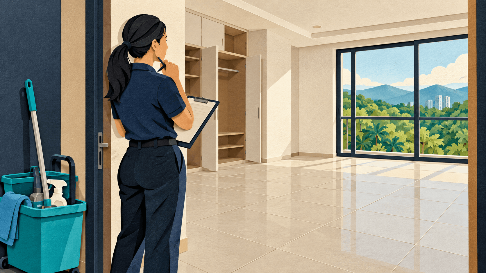 AI-generated paper-collage illustration of a cleaning supervisor assessing an empty condominium with a clipboard and cleaning caddy