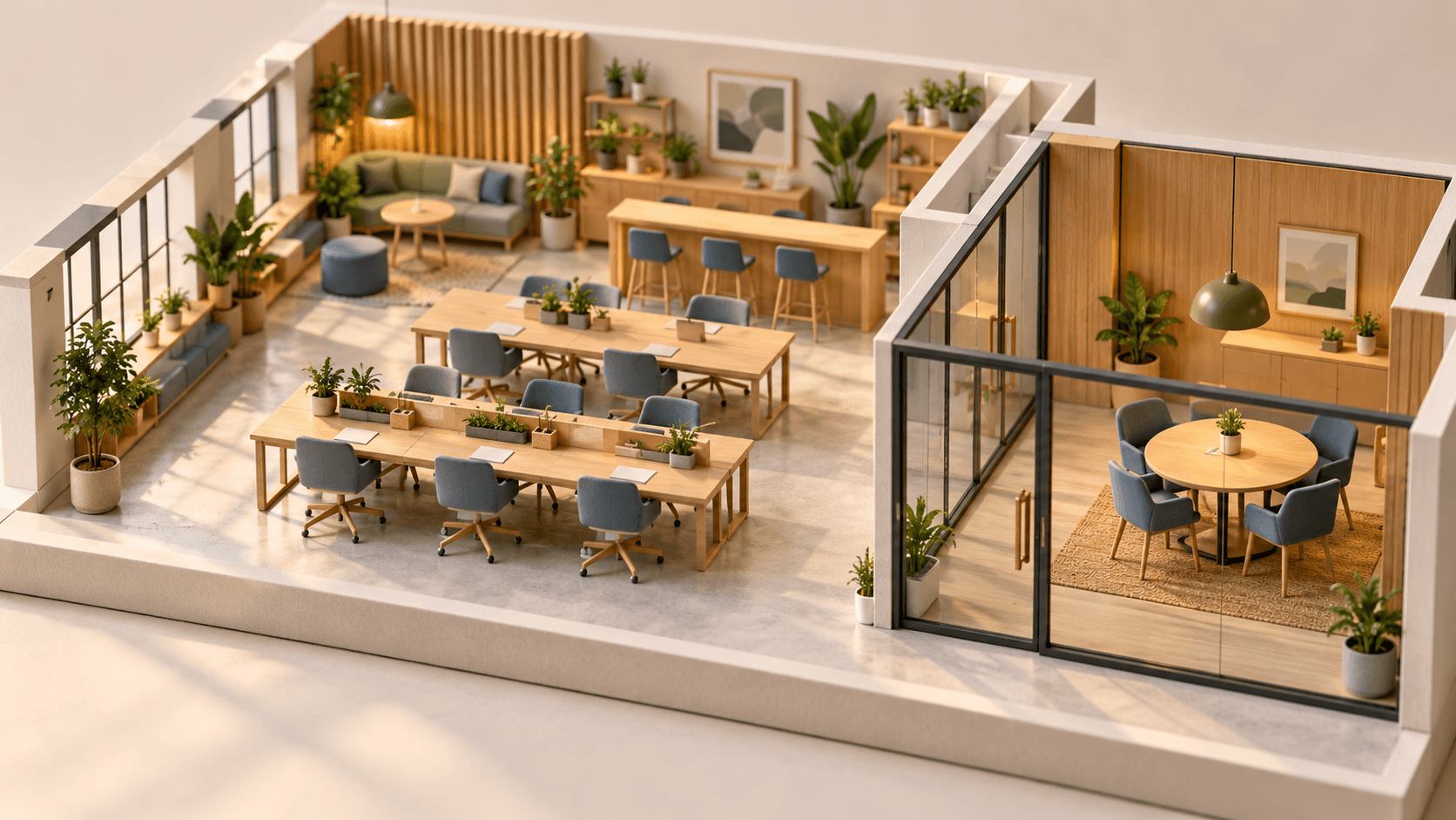 AI-generated architectural model showing shared coworking desks beside a separate glass-enclosed meeting room