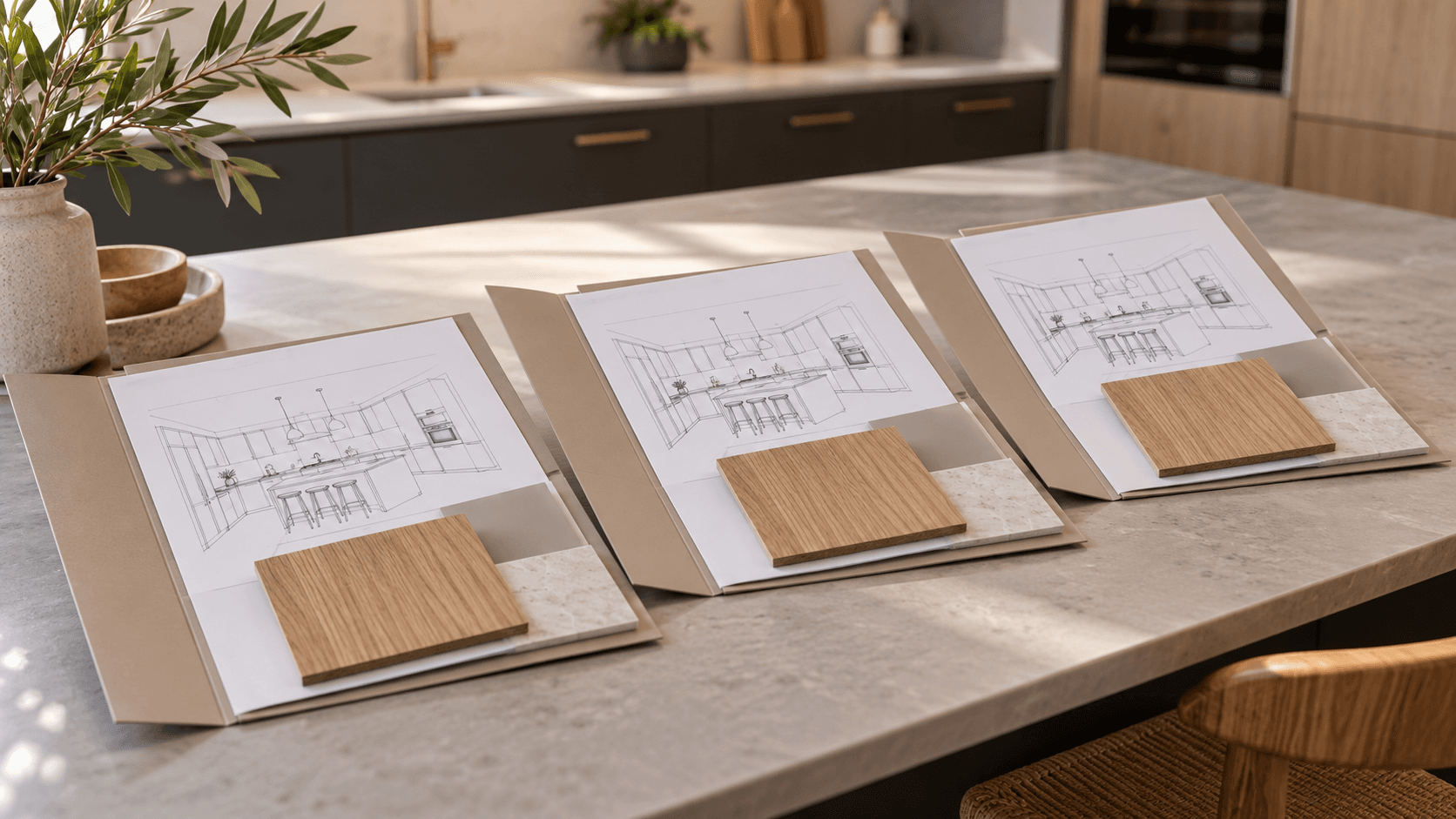 AI-generated editorial photograph of three proposal folders showing the same kitchen sketch and oak samples on a showroom table