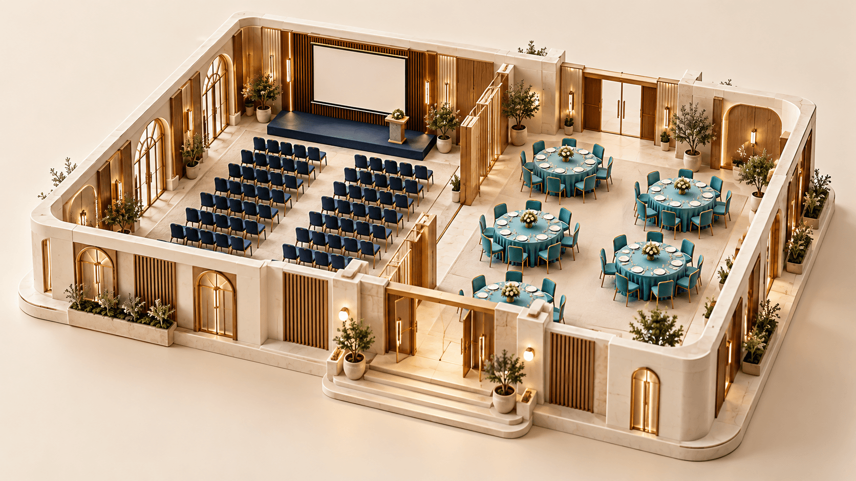 AI-generated conceptual miniature event venue showing theatre seating and banquet tables in two separate layout zones
