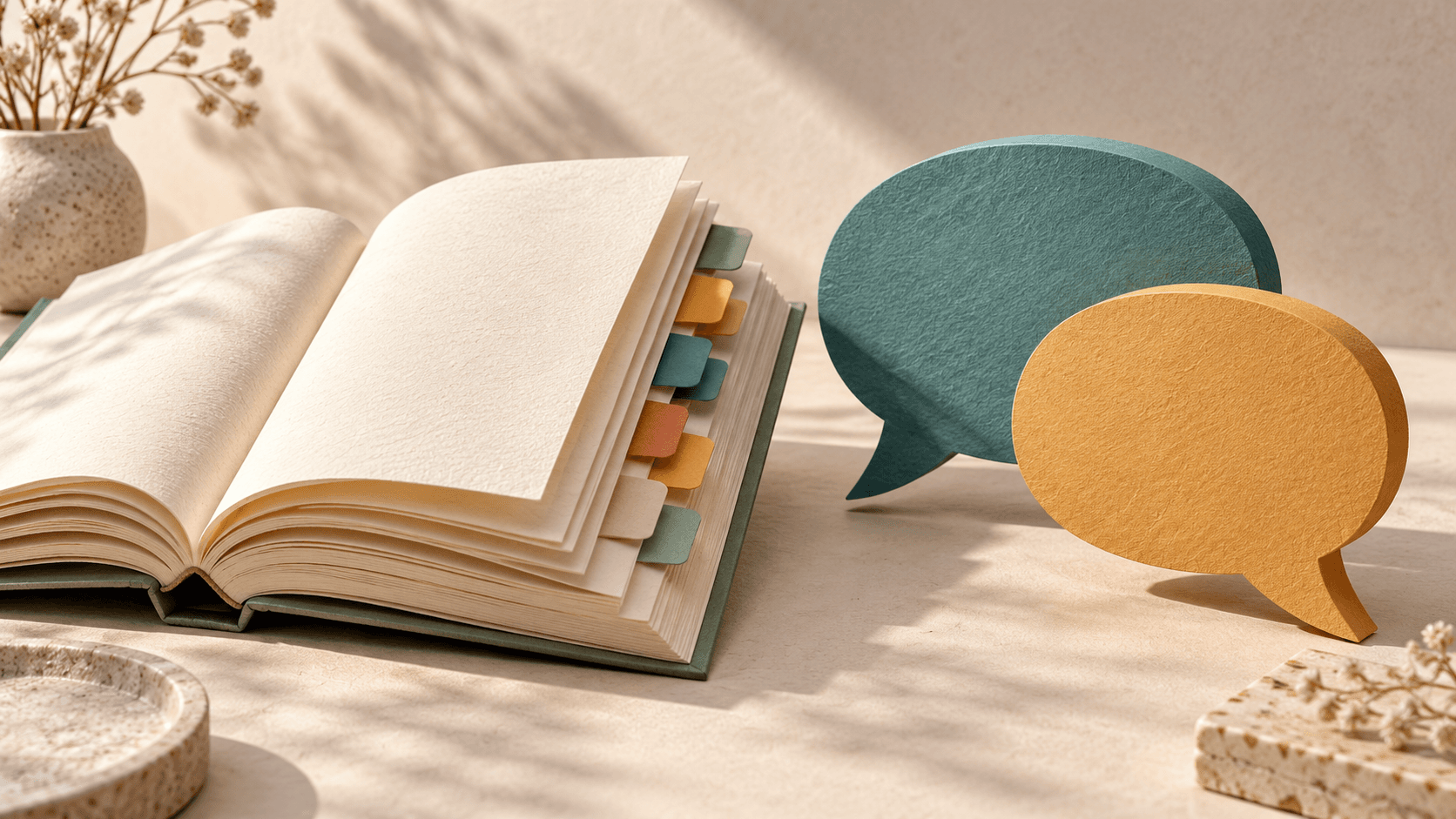 AI-generated paper sculpture of an open tabbed reference book beside teal and ochre speech bubbles