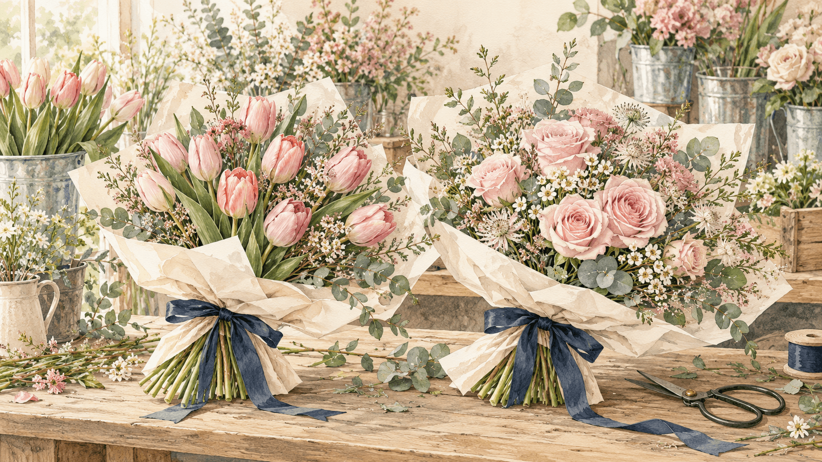 AI-generated watercolour illustration of pink tulip and rose bouquets on a florist workbench, showing different flowers within a similar colour palette