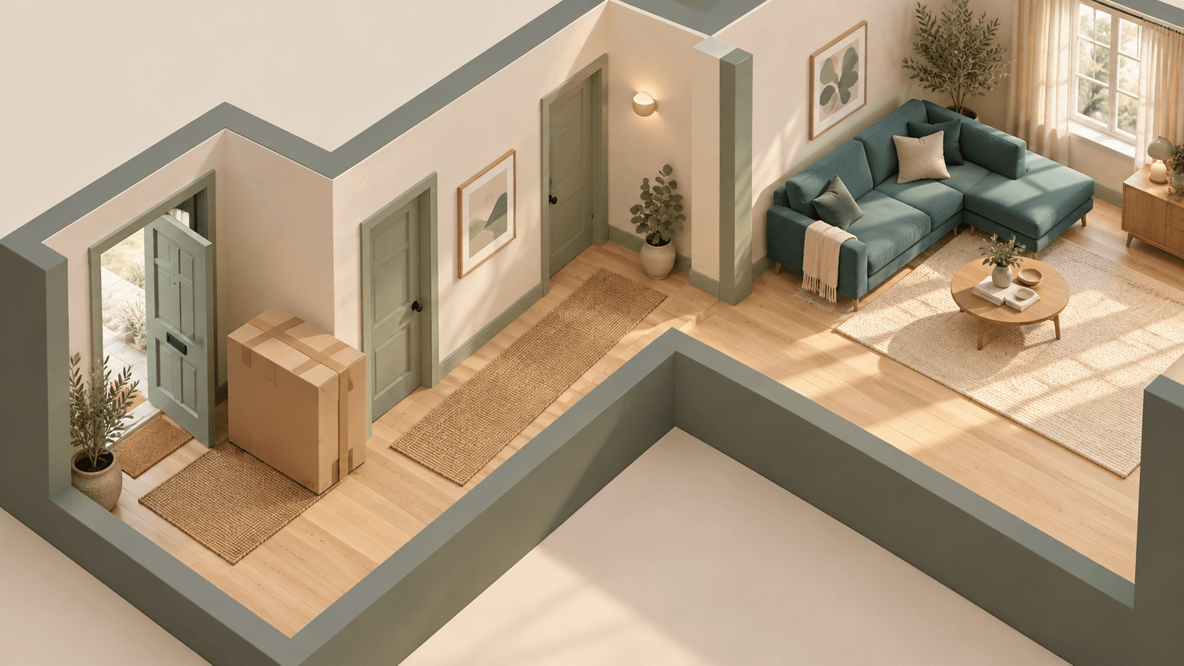 AI-generated architectural cutaway of an apartment with an entrance, turning corridor, cardboard package and teal sofa, illustrating delivery access questions