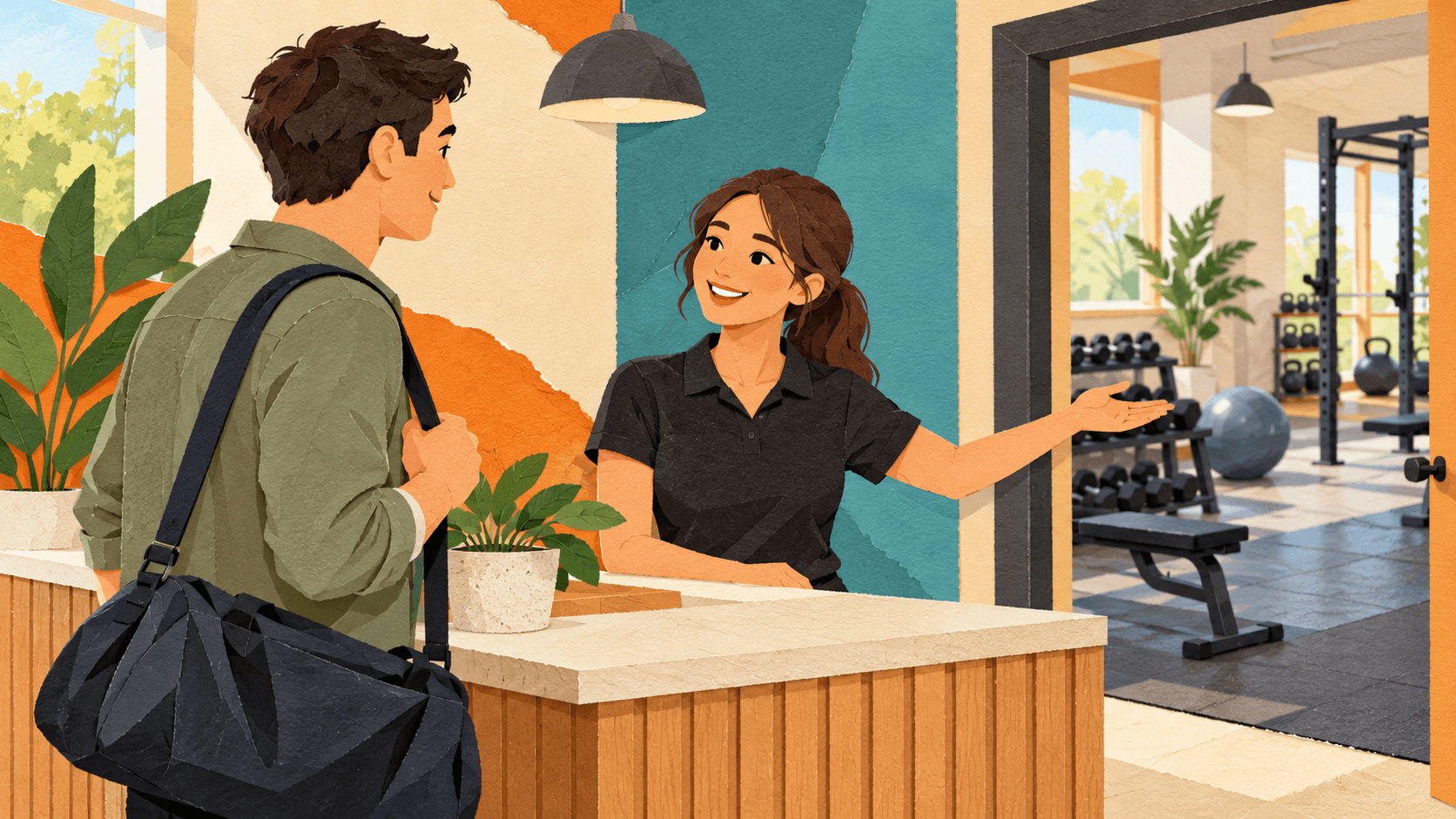 AI-generated paper-collage illustration of a first-time visitor with a gym bag speaking to a receptionist beside an open exercise-area doorway