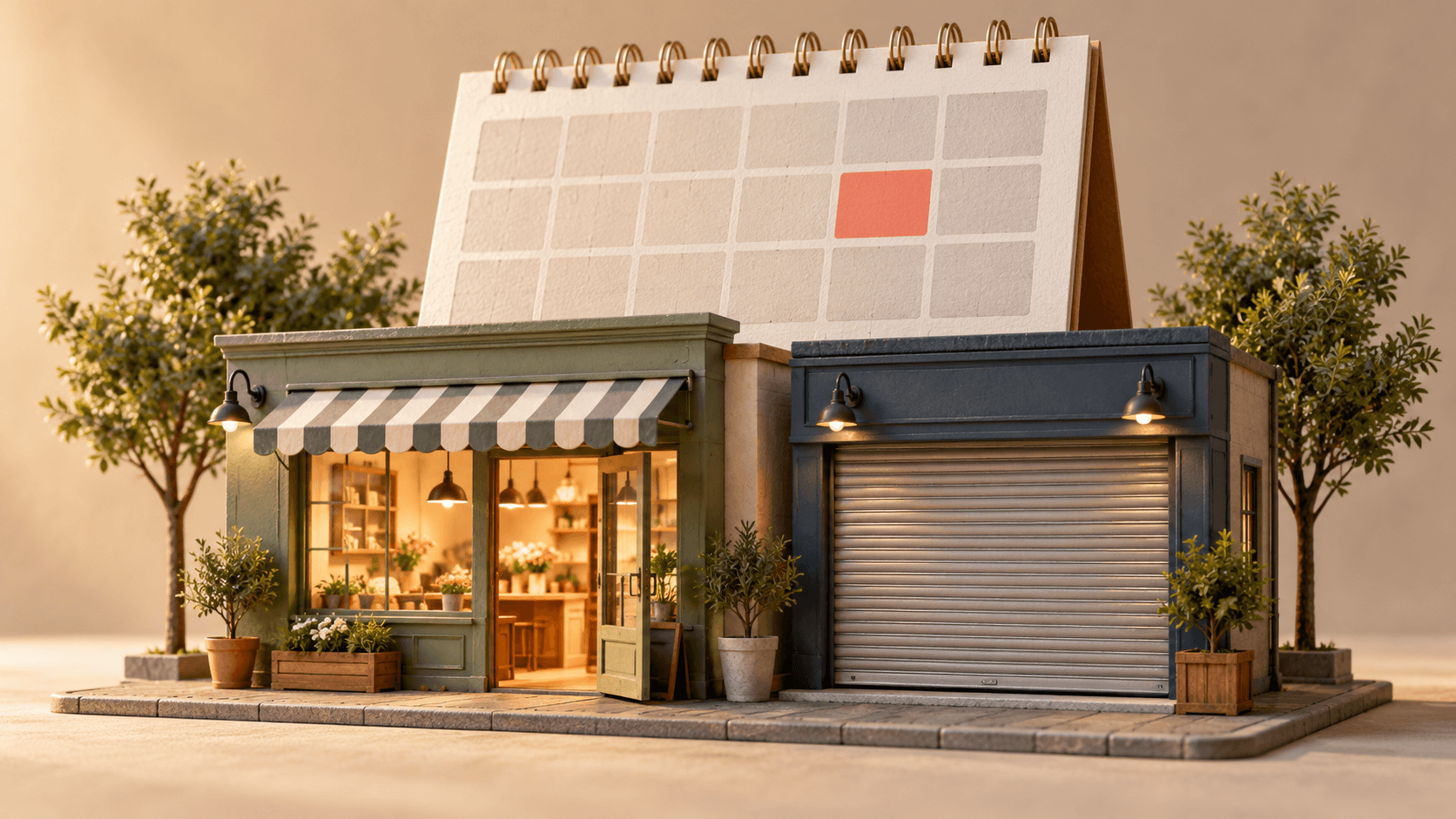 AI-generated miniature shops with one open entrance and one closed shutter beside a blank calendar with a highlighted cell