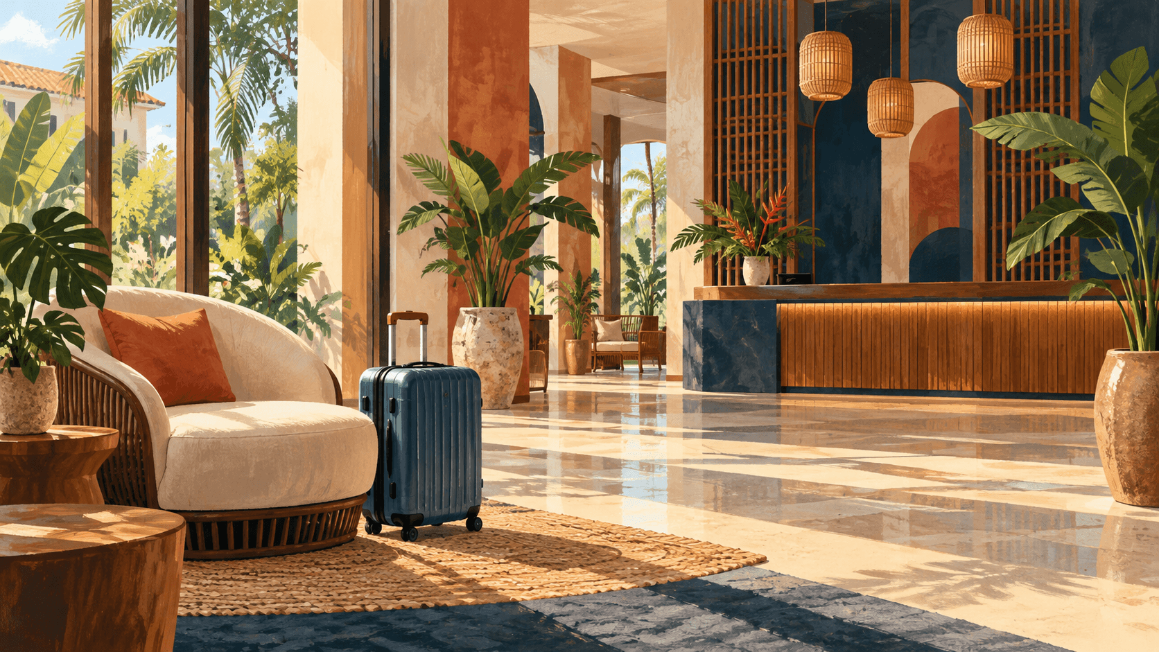 AI-generated gouache illustration of a suitcase beside a lounge chair in a sunlit boutique-hotel lobby