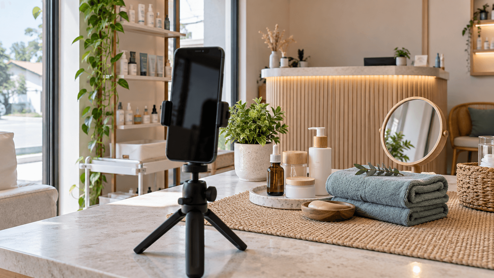 AI-generated editorial photograph of a smartphone on a tripod filming a beauty studio display, with reception in the background