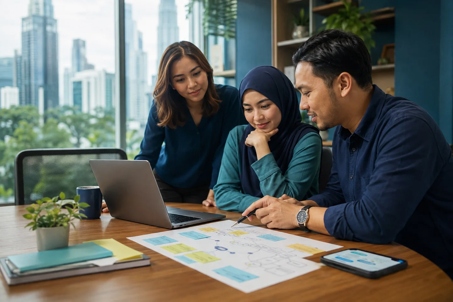 Illustration of three colleagues reviewing a customer conversation plan beside a laptop