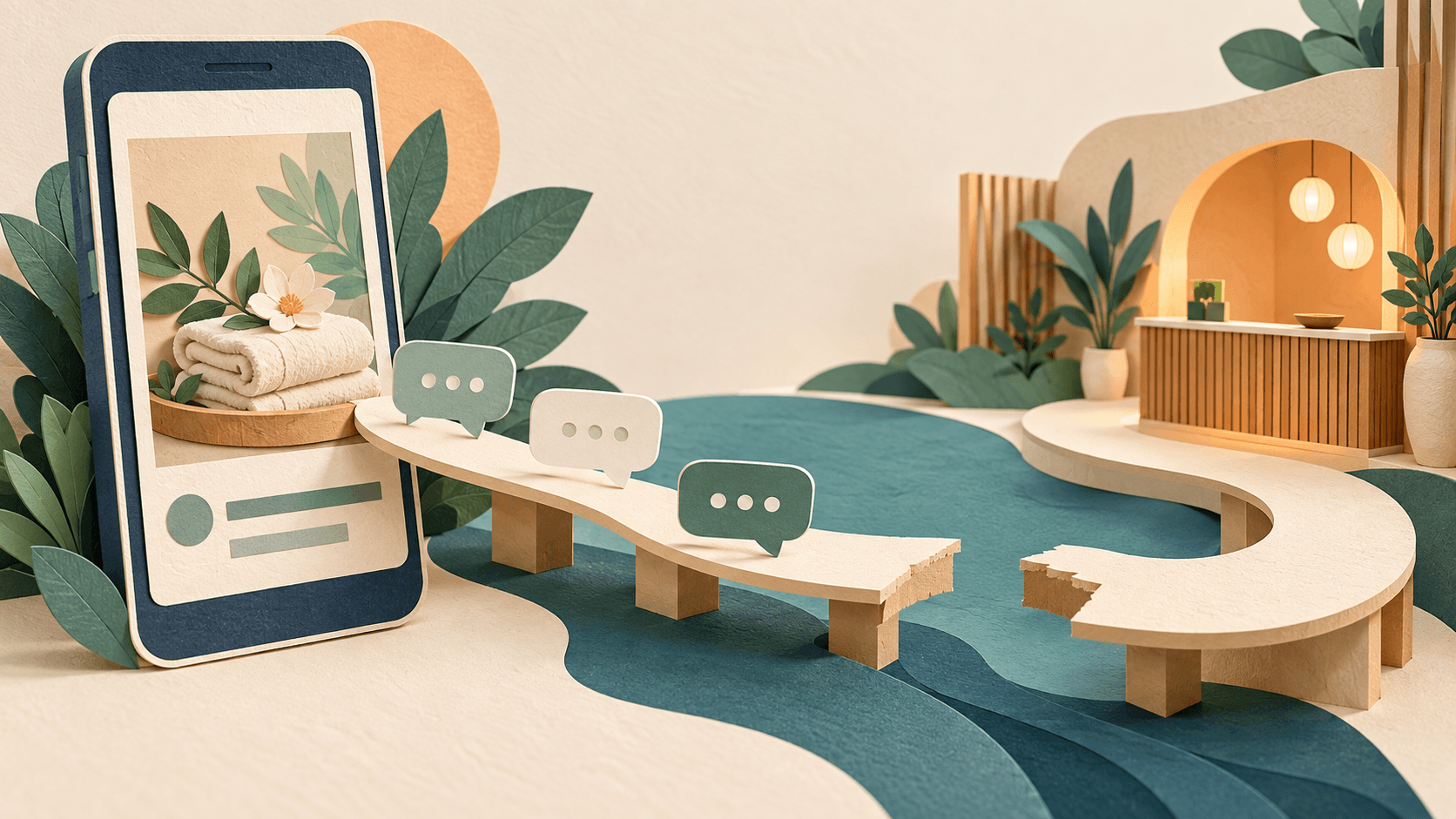 AI-generated paper-cut illustration of a spa advertisement, chat bubbles and a broken path leading to a reception desk
