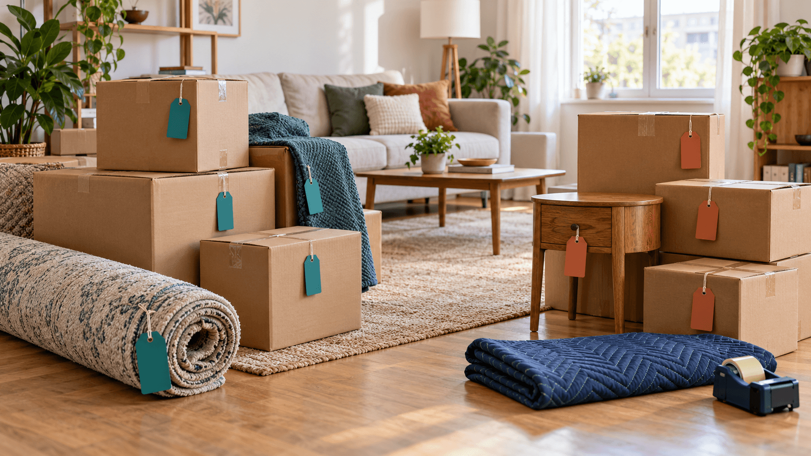 AI-generated apartment packing scene with separate groups of boxes and furniture marked by blank teal and terracotta tags