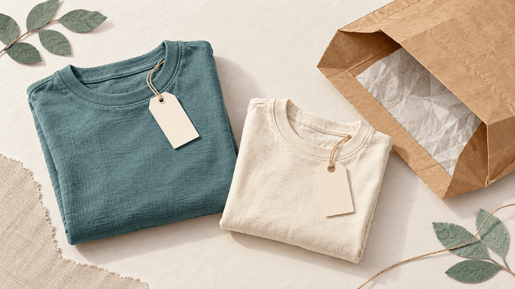 AI-generated fabric-and-paper collage of two folded shirts in different sizes beside an open return mailer