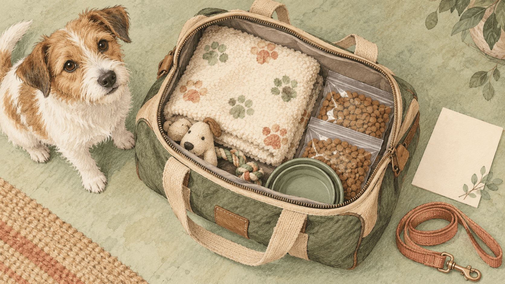 AI-generated pencil and watercolor illustration of a pet travel bag with a blanket, food portions and leash beside a small dog