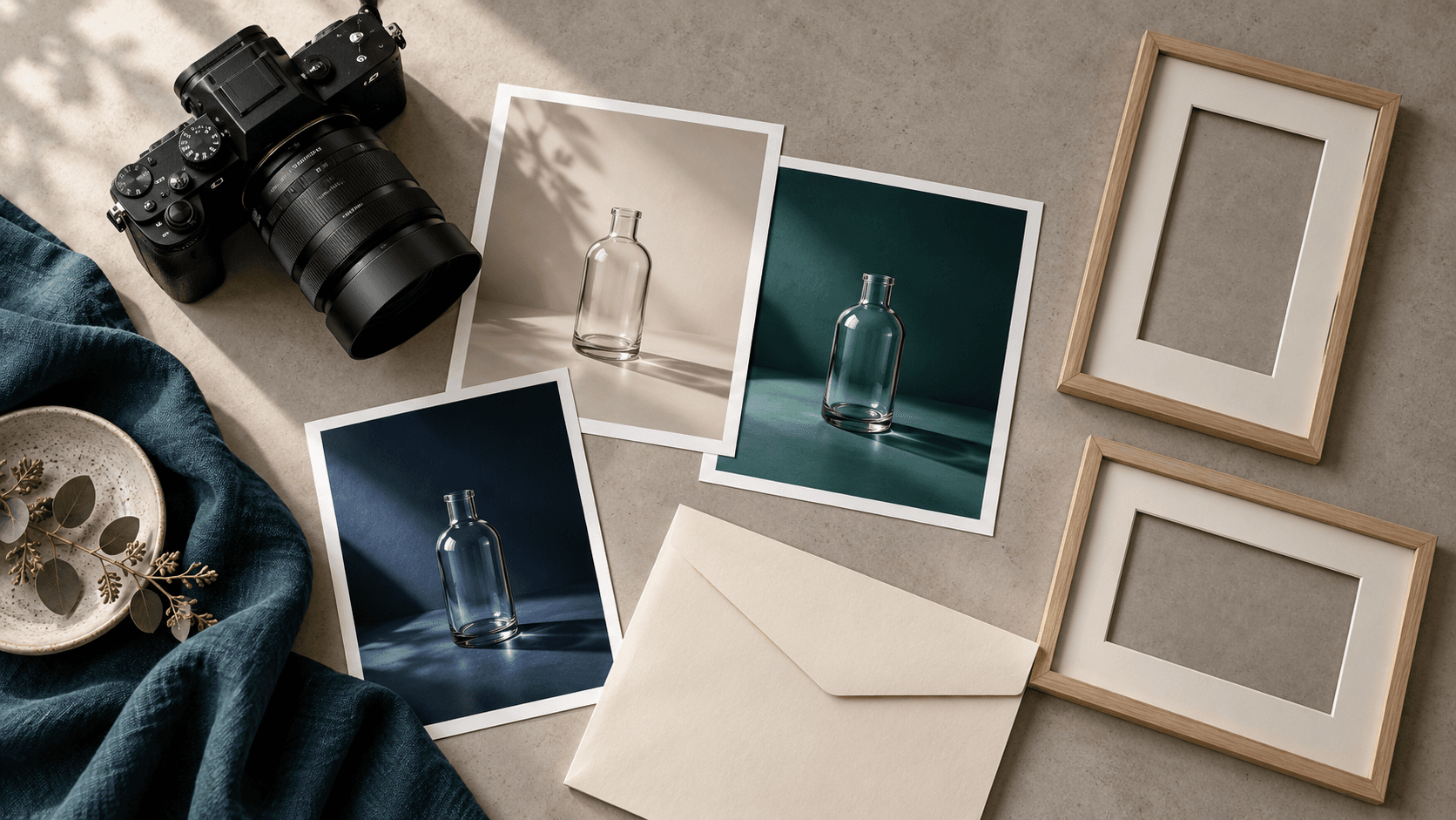 AI-generated studio still life with an unbranded camera, selected product photographs and portrait and landscape crop frames