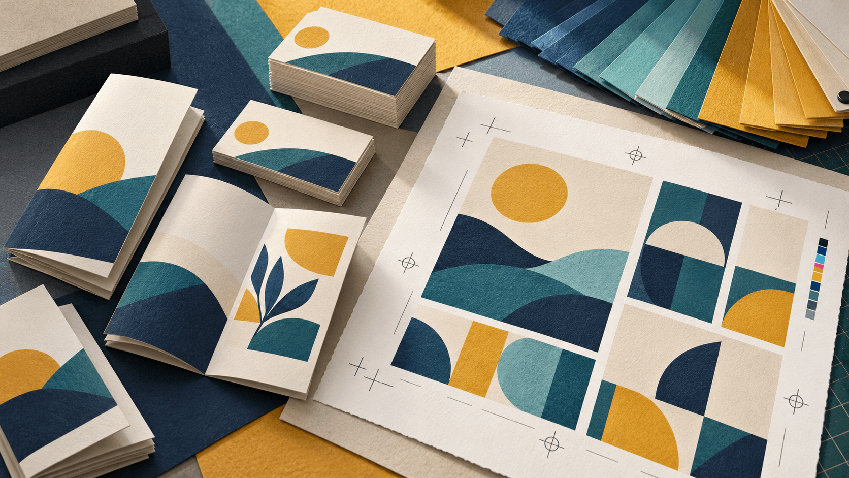 AI-generated paper-cut illustration of print samples, coloured paper swatches and an untrimmed proof on a commercial print studio table