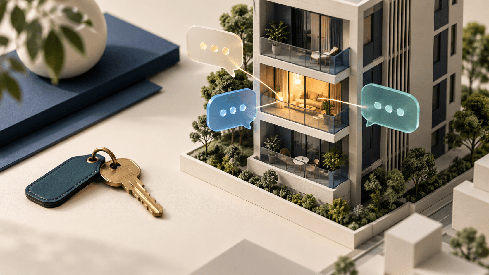 AI-generated architectural miniature of an apartment building with conversation shapes pointing to one lit unit and a key in the foreground