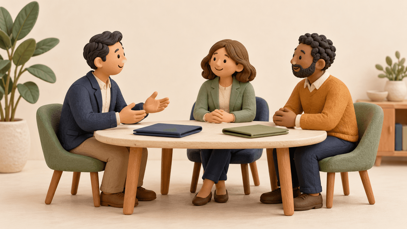 AI-generated clay-style illustration of three people at a consultation table with two document folders