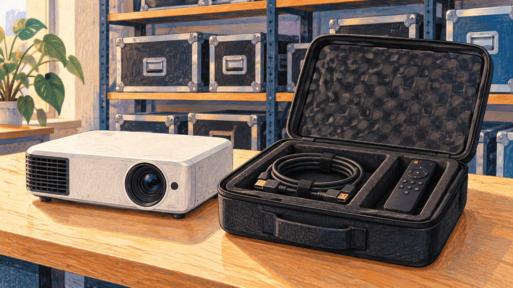AI-generated gouache illustration of a projector, padded carrying case, remote and coiled cable at an audiovisual rental counter