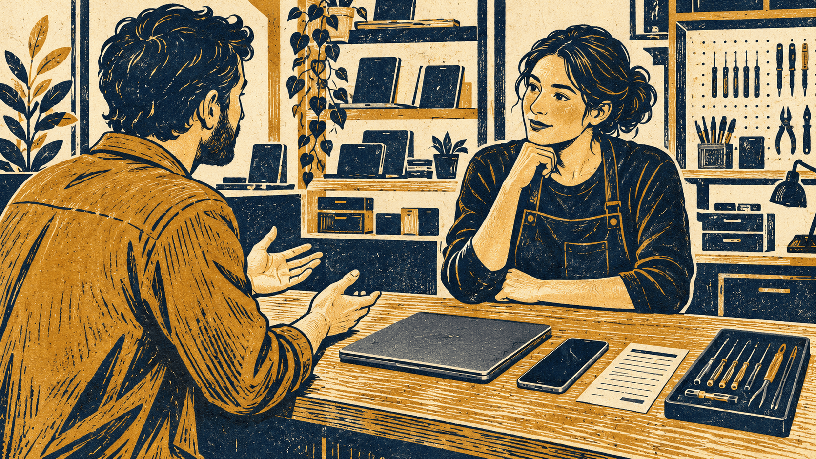 AI-generated linocut-style illustration of a repair-shop employee and customer discussing a device at a counter with a service receipt