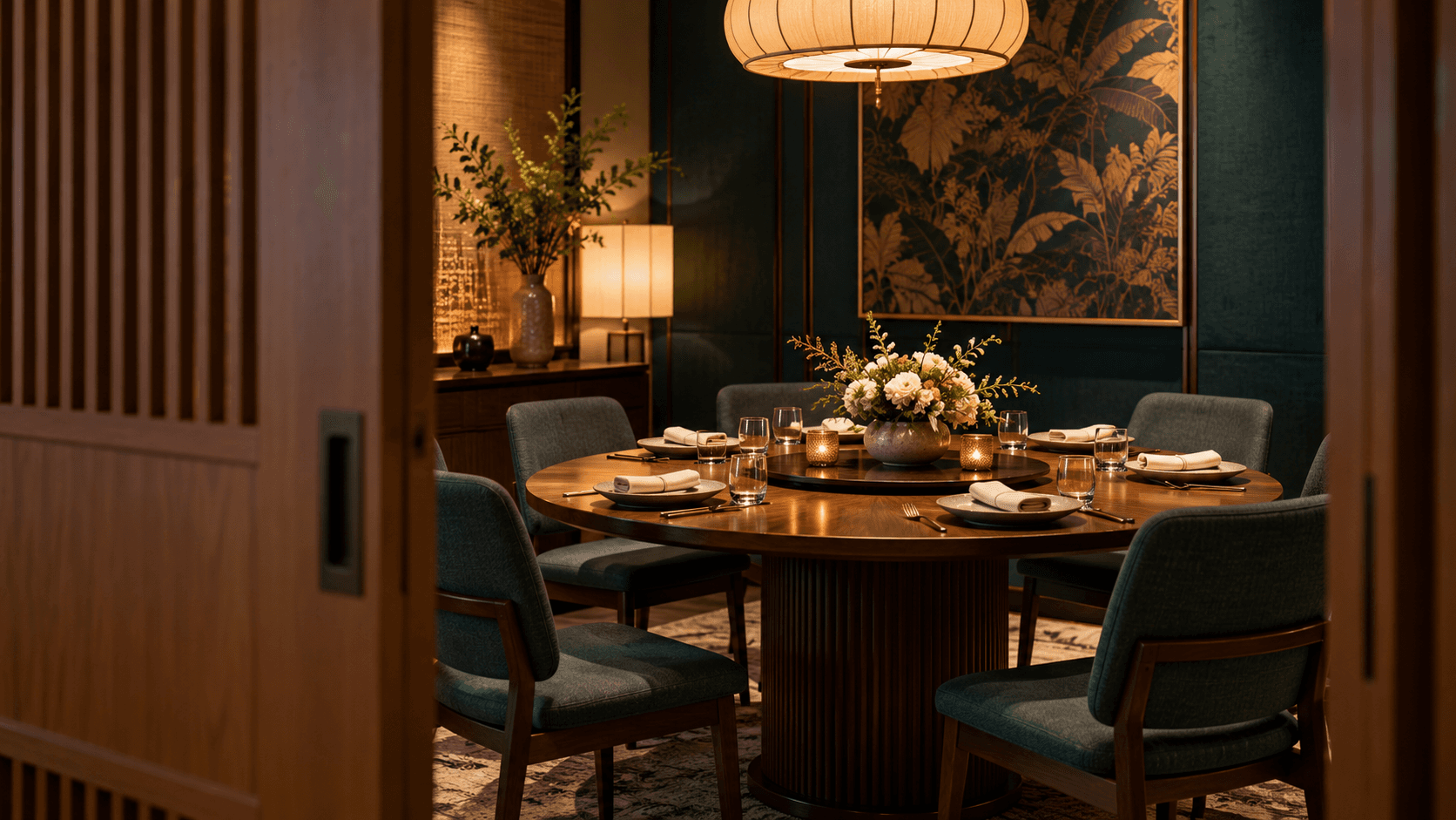 AI-generated editorial photograph of a round table set for private dining, viewed through a partly open wooden door