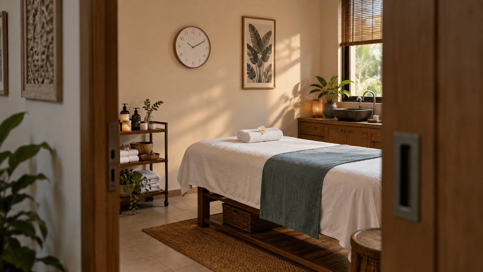 AI-generated editorial scene of an empty spa treatment room prepared for an appointment, with a wall clock and neatly dressed treatment bed