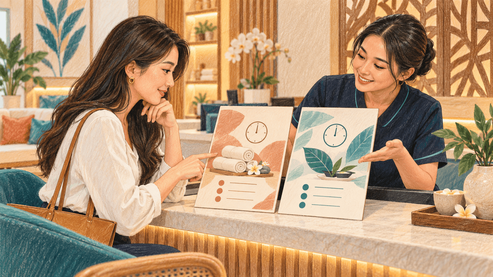 AI-generated pencil-and-pastel illustration of a customer and receptionist comparing two service menu cards at a beauty centre