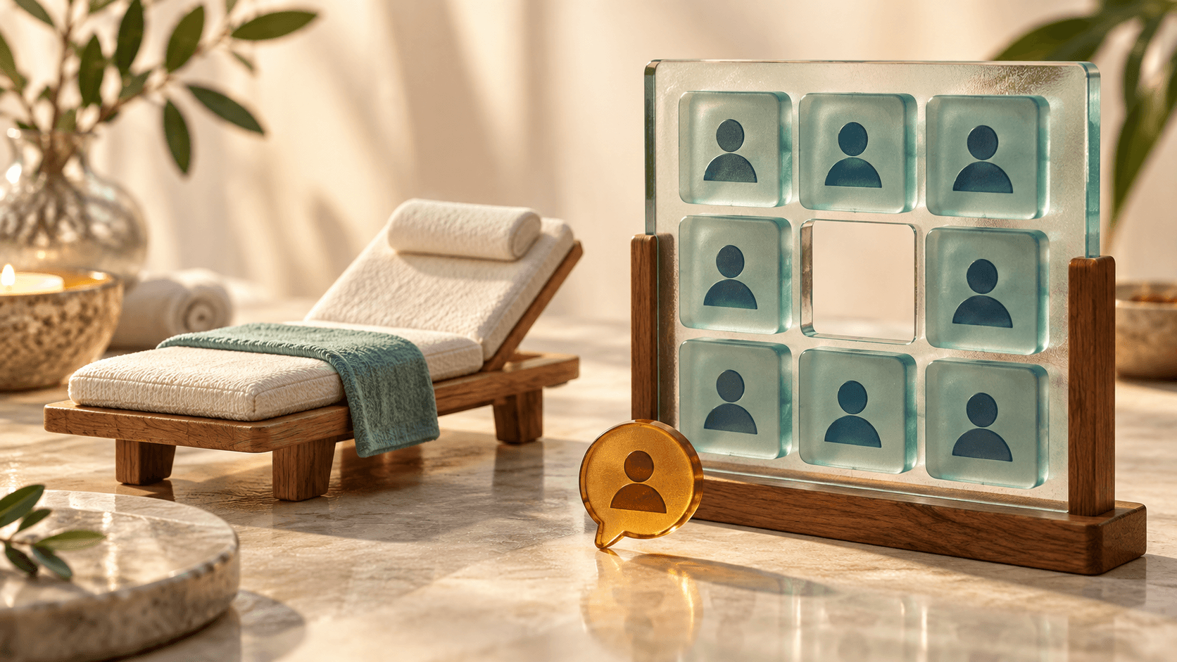 AI-generated miniature spa chair beside a glass appointment board with one empty space and an amber customer message token