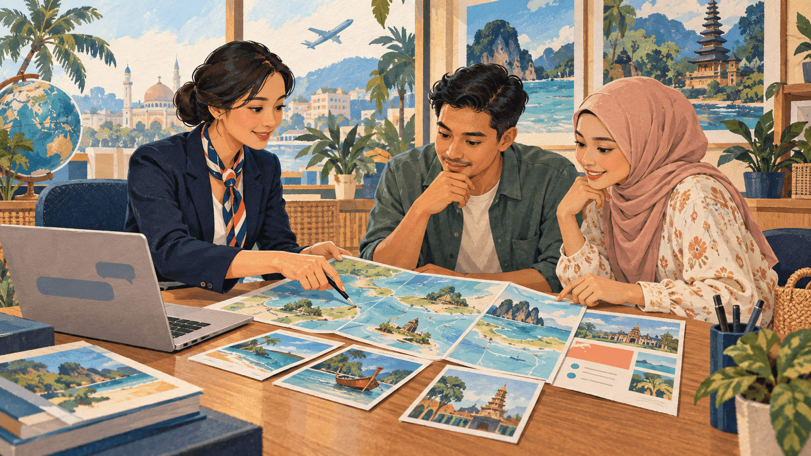 AI-generated editorial illustration of a travel consultant and a couple reviewing a map and itinerary cards