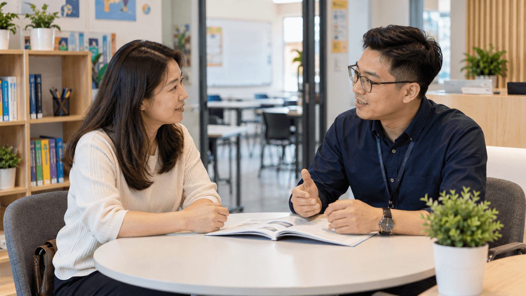 AI-generated editorial scene of a parent discussing course options with an adviser at a tuition centre