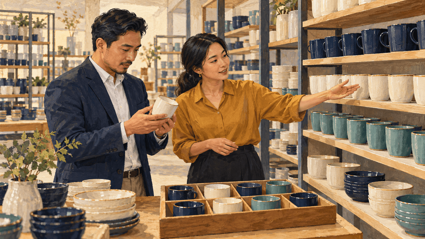 AI-generated gouache illustration of a wholesale buyer examining a ceramic sample while a supplier explains colour-grouped products in a showroom